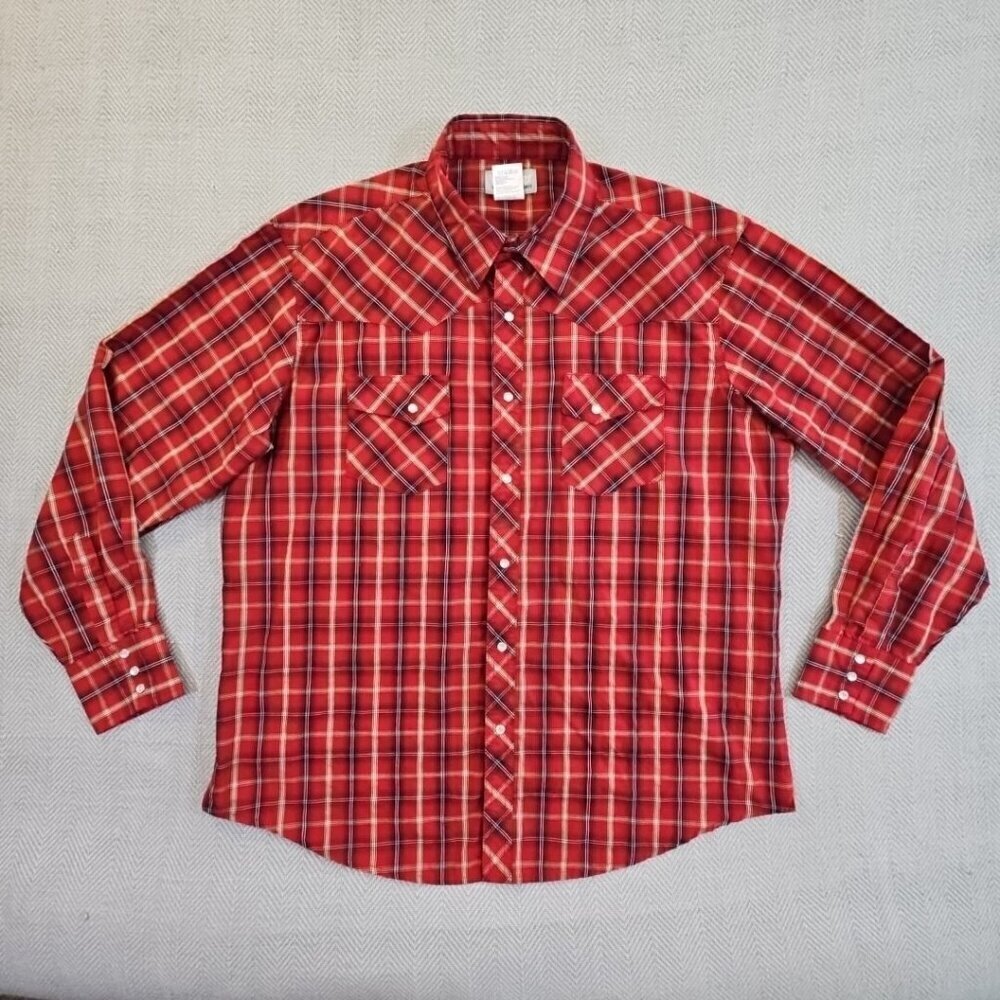 Wrangler Retro Western Shirt‎ Men's XL Red Plaid Pearl Snap Cowboy Sawtooth EUC